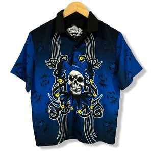 Vintage Y2K Blue Skull Graphic Button Up Shirt